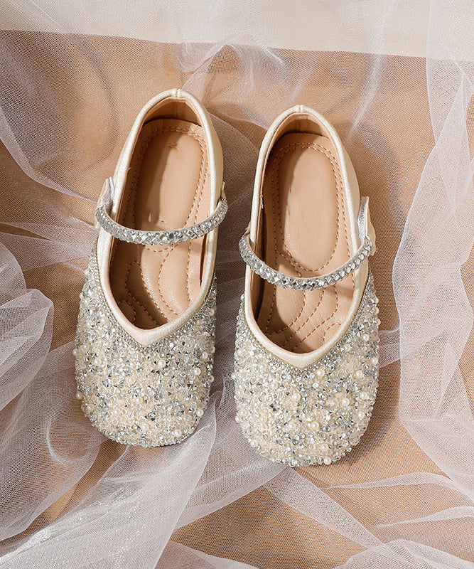 Aprikosenriemen, flache Mädchenschuhe, weiche Kunstschuhe, Schnalle, Pailletten