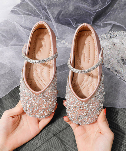 Aprikosenriemen, flache Mädchenschuhe, weiche Kunstschuhe, Schnalle, Pailletten