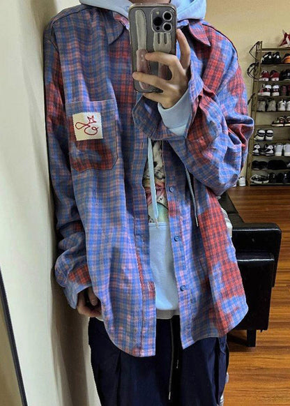 Männer Frühling Shirts Taschen Kunst Baumwolle Plaid Asymmetrische