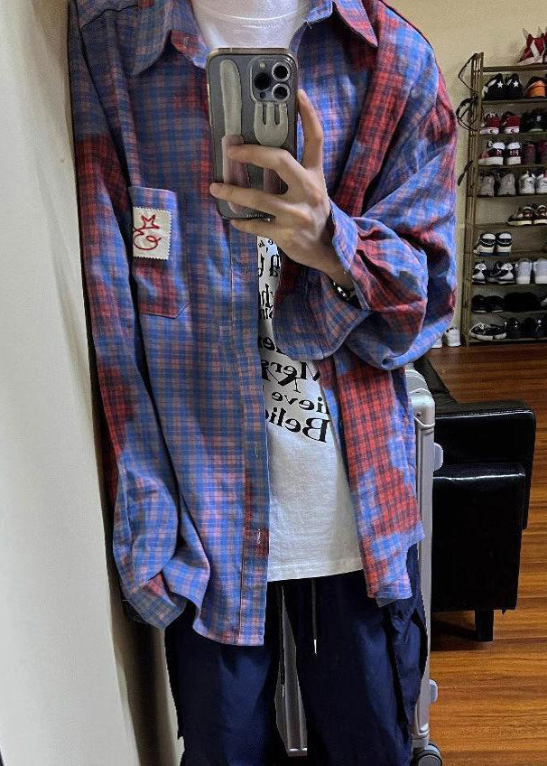 Männer Frühling Shirts Taschen Kunst Baumwolle Plaid Asymmetrische