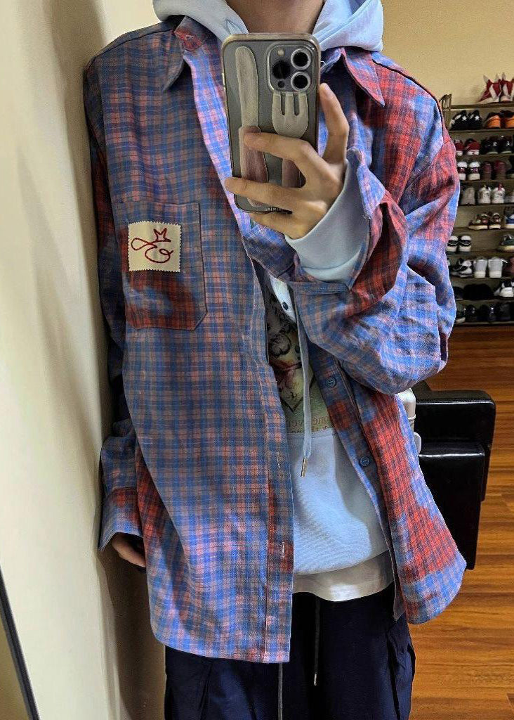 Männer Frühling Shirts Taschen Kunst Baumwolle Plaid Asymmetrische