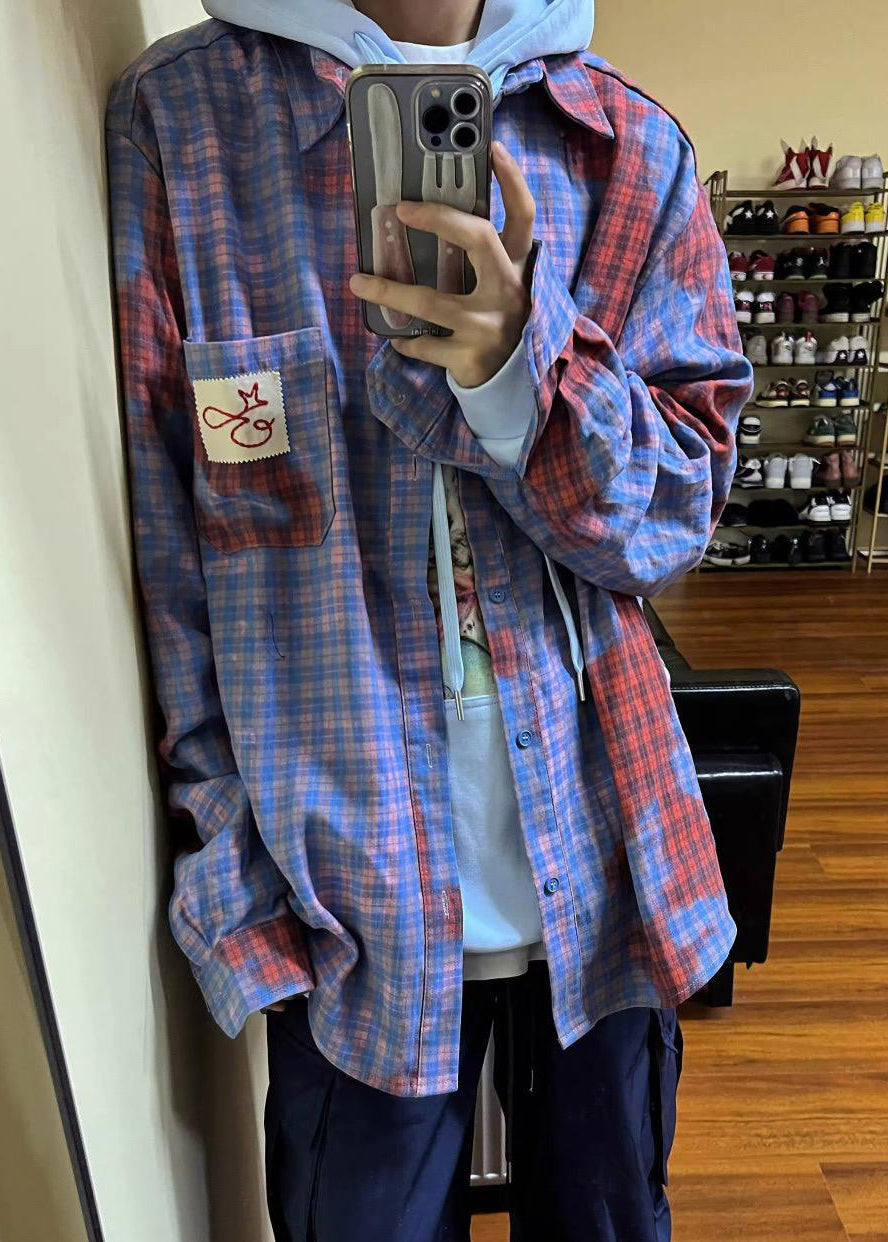 Männer Frühling Shirts Taschen Kunst Baumwolle Plaid Asymmetrische