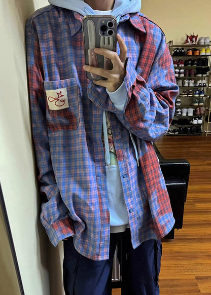 Männer Frühling Shirts Taschen Kunst Baumwolle Plaid Asymmetrische