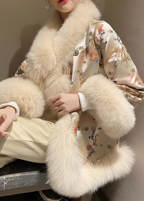 Kunst Beige Pelz Kragen Nagel Perle Patchwork Parka Winter ER009