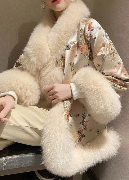 Kunst Beige Pelz Kragen Nagel Perle Patchwork Parka Winter ER009