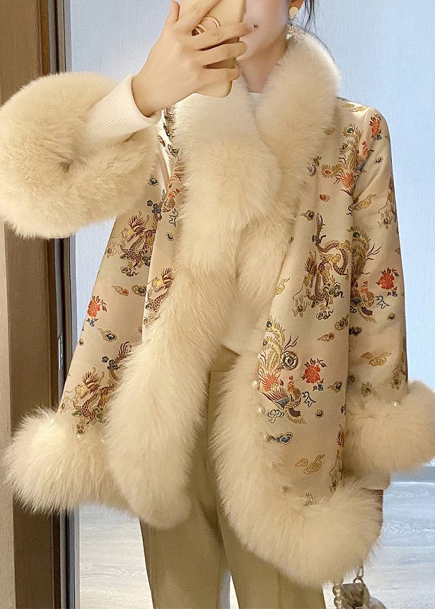 Kunst Beige Pelz Kragen Nagel Perle Patchwork Parka Winter ER009