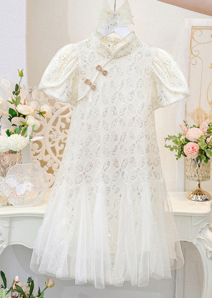 Robe longue à manches courtes en tulle et perles beiges pour enfants MN012