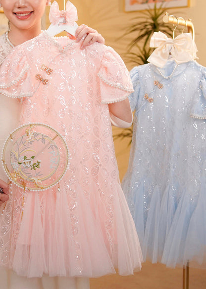 Robe longue à manches courtes en tulle et perles beiges pour enfants MN012