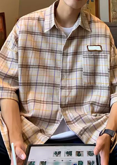 Plaid Sommer Beige Art Shirt Button Männer Baumwolle