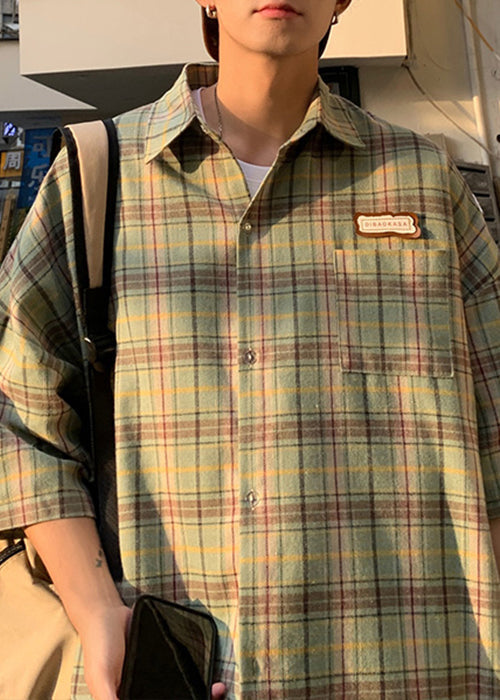 Plaid Sommer Beige Art Shirt Button Männer Baumwolle