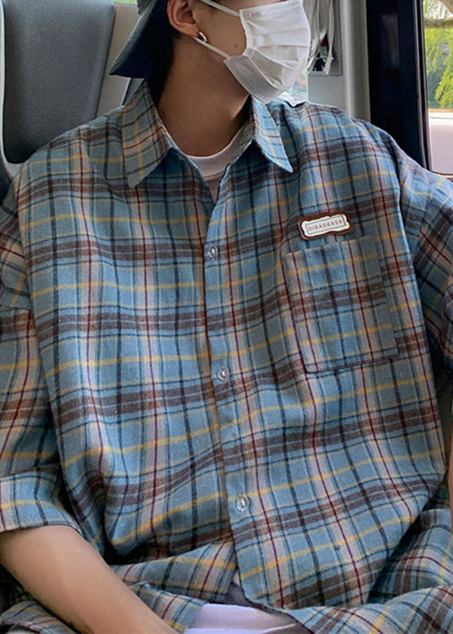 Plaid Sommer Beige Art Shirt Button Männer Baumwolle