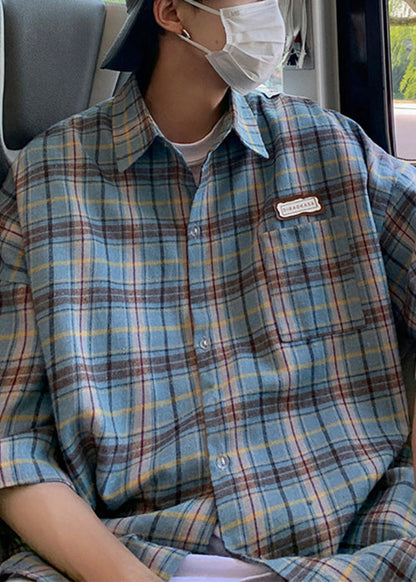 Plaid Sommer Beige Art Shirt Button Männer Baumwolle