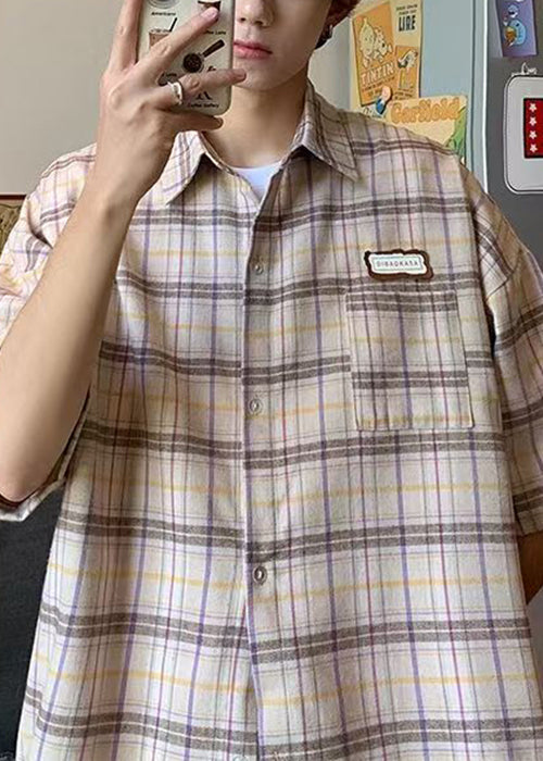 Plaid Sommer Beige Art Shirt Button Männer Baumwolle