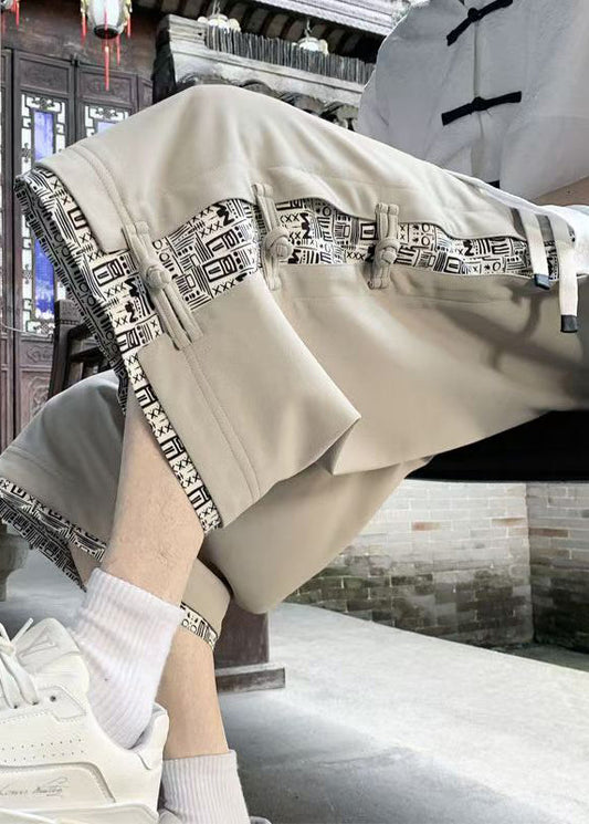 Pantalon patchwork en coton court d'été beige imprimé boutonné pour homme