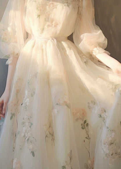 Robe longue en tulle à lacets et imprimé beige Art KJ014