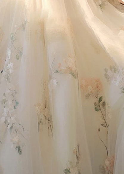 Robe longue en tulle à lacets et imprimé beige Art KJ014