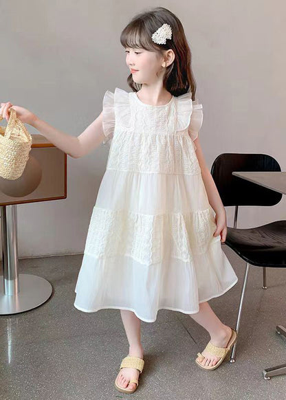 Robe longue d'été en coton beige à volants ajourés pour filles EW050