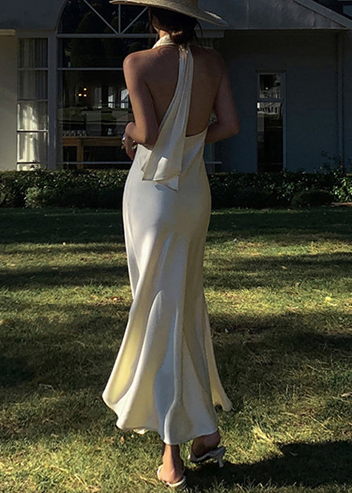 Rückenfreies Beige Hals Langes Solides Ärmelloses Kleid Art V Seide