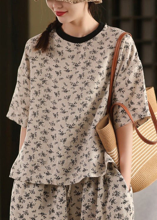 Chemises d'été en lin noir à col T imprimé O Art