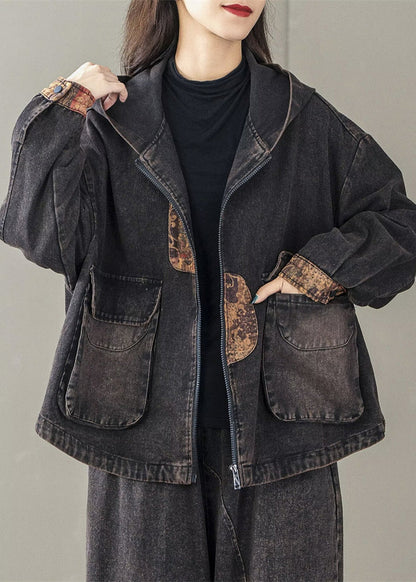 Hooded Art Spring Oversized Black Patchwork Jacket