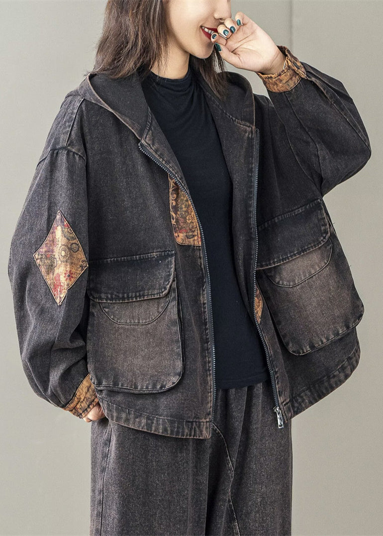 Hooded Art Spring Oversized Black Patchwork Jacket