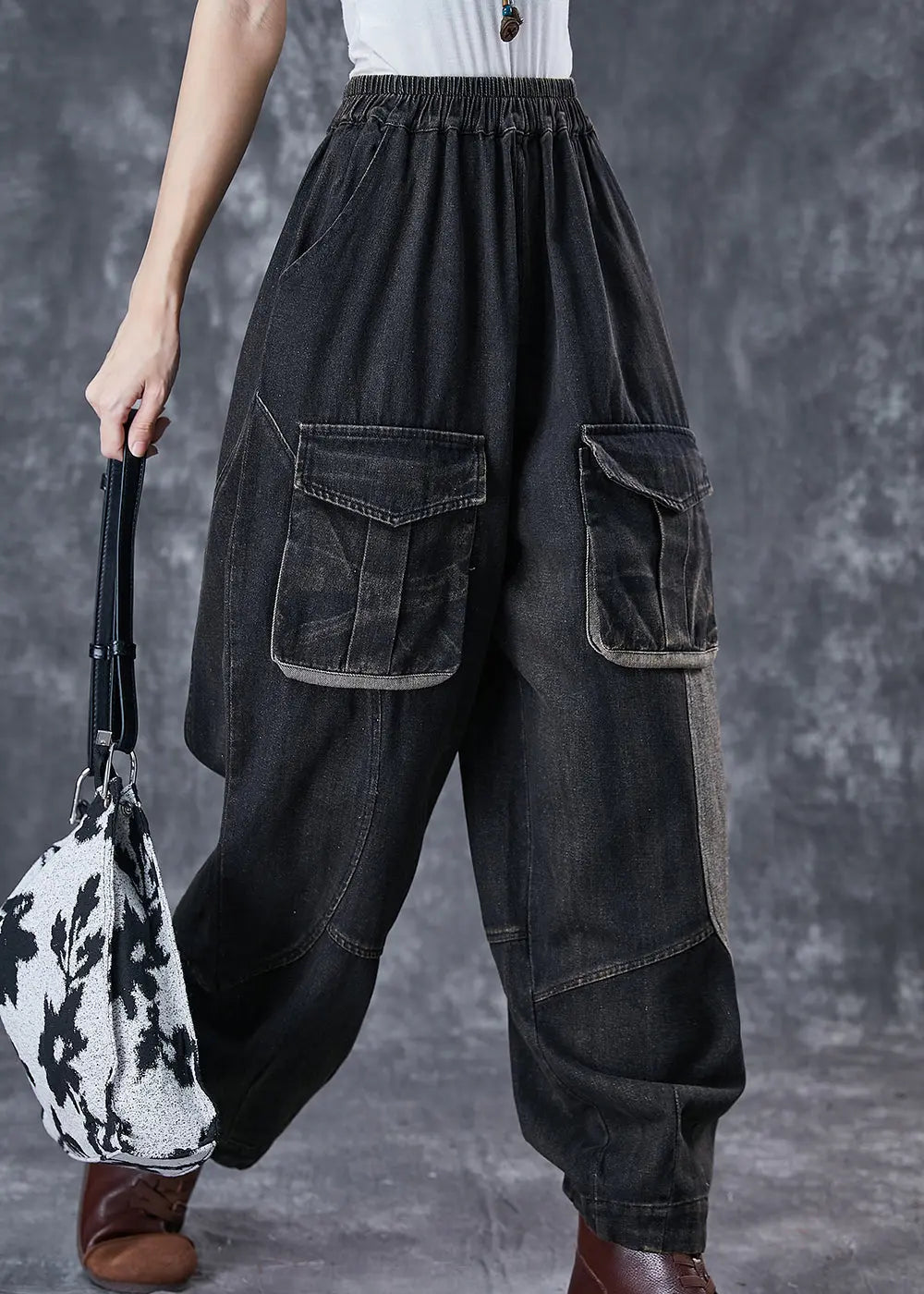 Art Black Oversized Patchwork Pockets Denim Pants Spring Ada Fashion