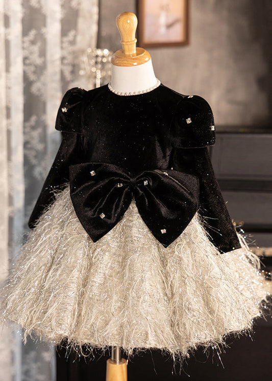 Art Schwarz Patchwork Schleife Seidenvelours Mädchen Langes Kleid Winter RP047