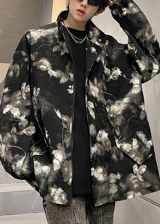 Art Black Print Zippered Pockets Men Coat Fall RO026