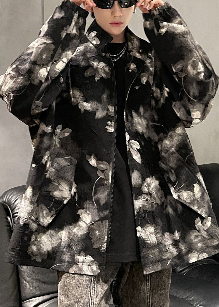 Art Black Print Zippered Pockets Men Coat Fall RO026