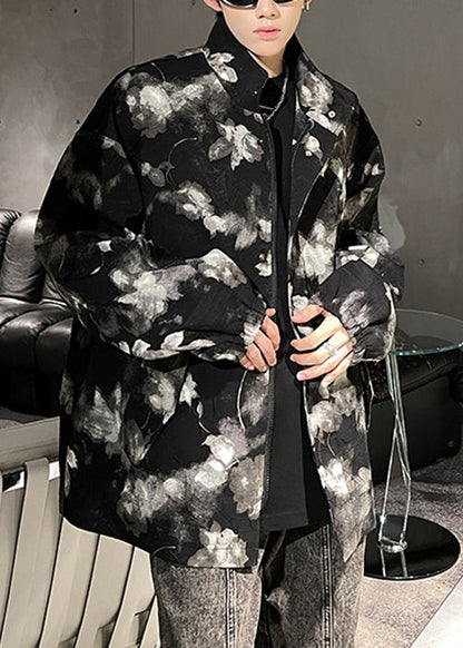 Art Black Print Zippered Pockets Men Coat Fall RO026