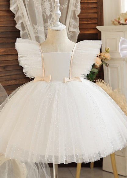 Robe mi-longue en tulle à col carré et nœud pour enfants, sans manches, noire, EW008