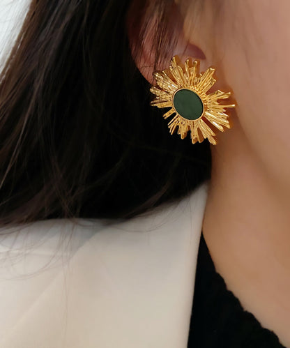 Boucles d'oreilles à tige en cuivre vert noirâtre avec motif tournesol QZ014