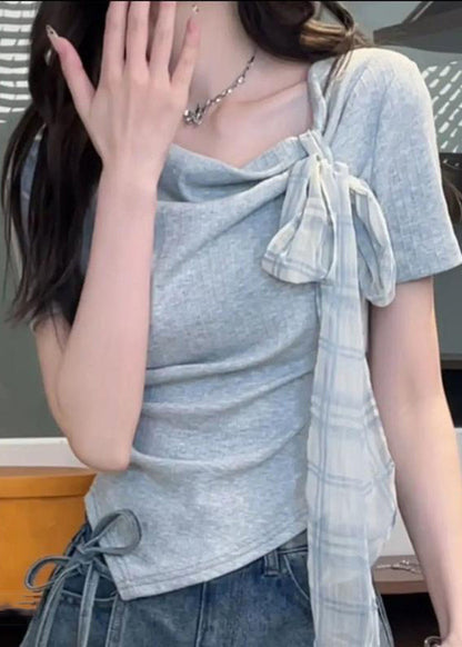 Blue Summer Cotton Asymmetrical Shirts Art T Bow