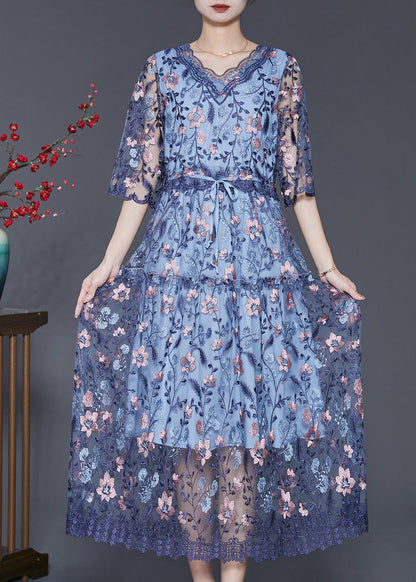 Robe cintrée en tulle brodé bleu art été SD1089