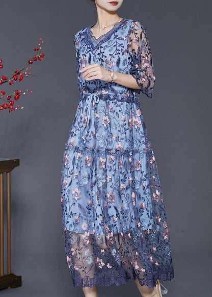 Robe cintrée en tulle brodé bleu art été SD1089