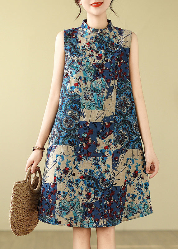 Ärmelloses Mandarinkragen-Baumwoll-Blau-Kunst-Kleid-Druck-Mitte
