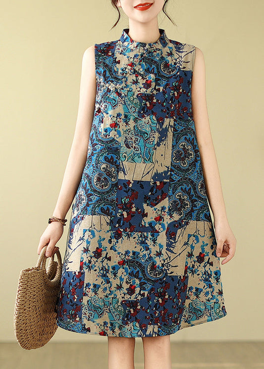 Ärmelloses Mandarinkragen-Baumwoll-Blau-Kunst-Kleid-Druck-Mitte