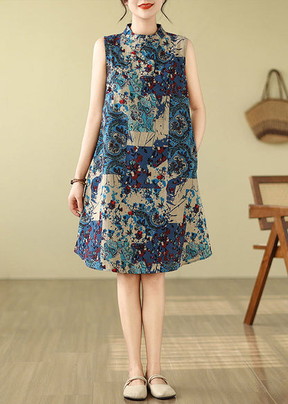 Ärmelloses Mandarinkragen-Baumwoll-Blau-Kunst-Kleid-Druck-Mitte