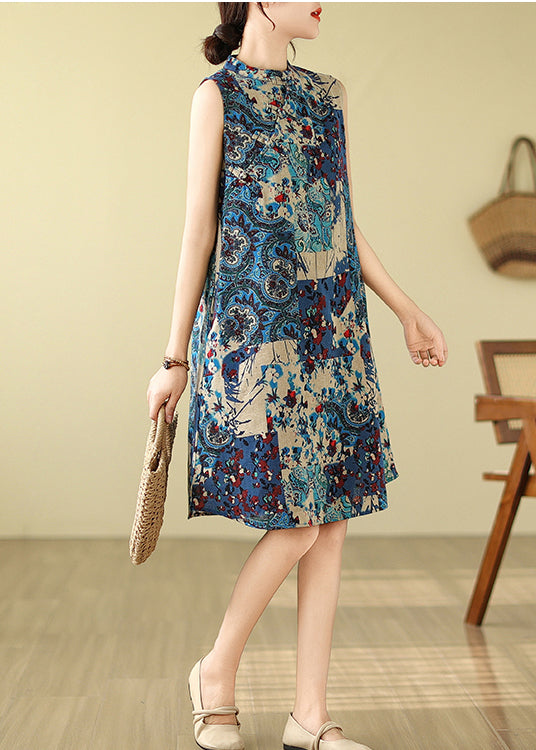 Ärmelloses Mandarinkragen-Baumwoll-Blau-Kunst-Kleid-Druck-Mitte