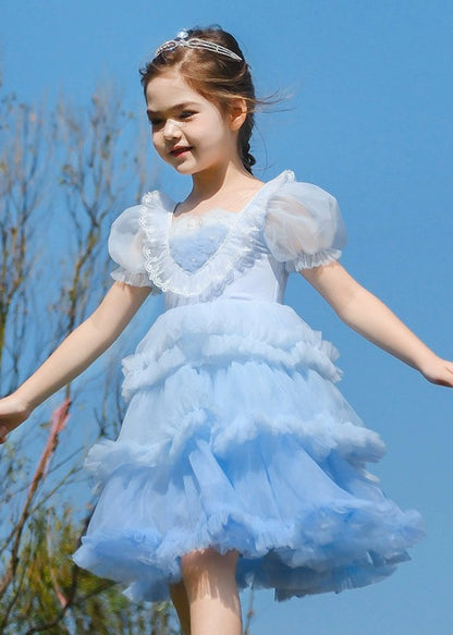 Robe longue à volants en tulle bleu à col rond pour enfants et filles, manches courtes, EW026