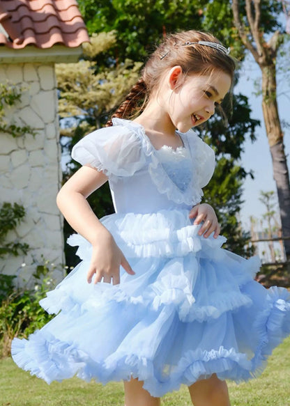 Robe longue à volants en tulle bleu à col rond pour enfants et filles, manches courtes, EW026