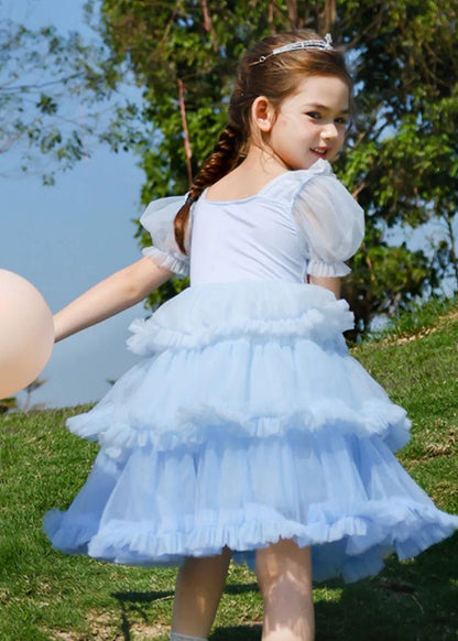 Robe longue à volants en tulle bleu à col rond pour enfants et filles, manches courtes, EW026