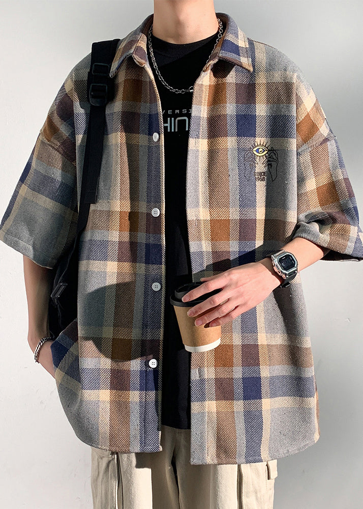 Peter Plaid Letter Collar Half Art Mens Shirts Pan Cotton Blue