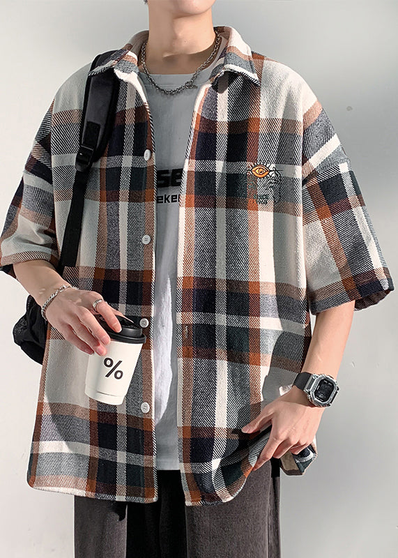 Peter Plaid Letter Collar Half Art Mens Shirts Pan Cotton Blue