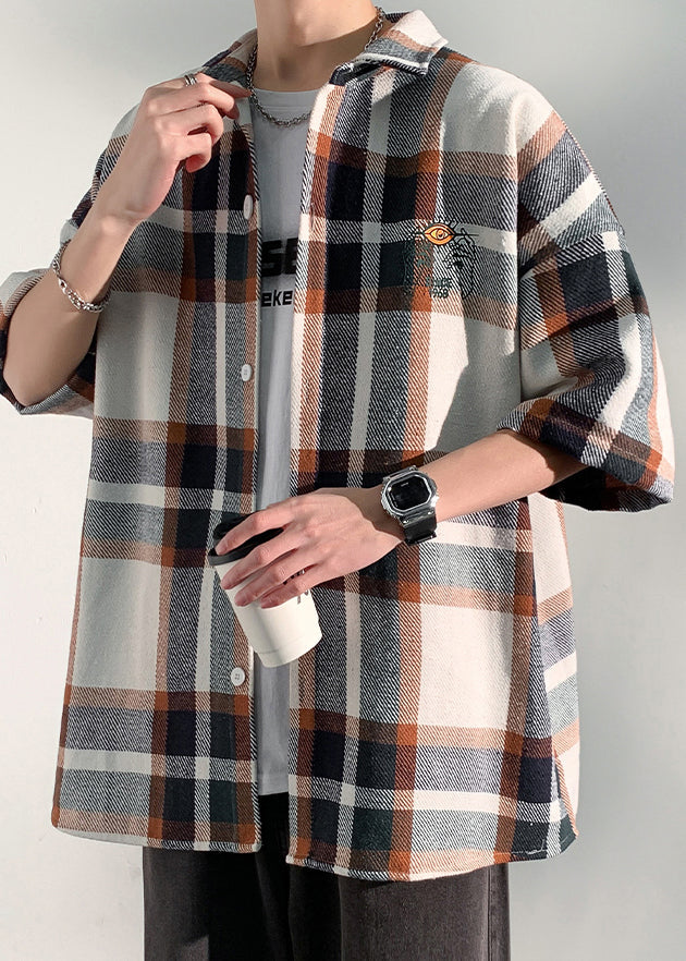 Peter Plaid Letter Collar Half Art Mens Shirts Pan Cotton Blue