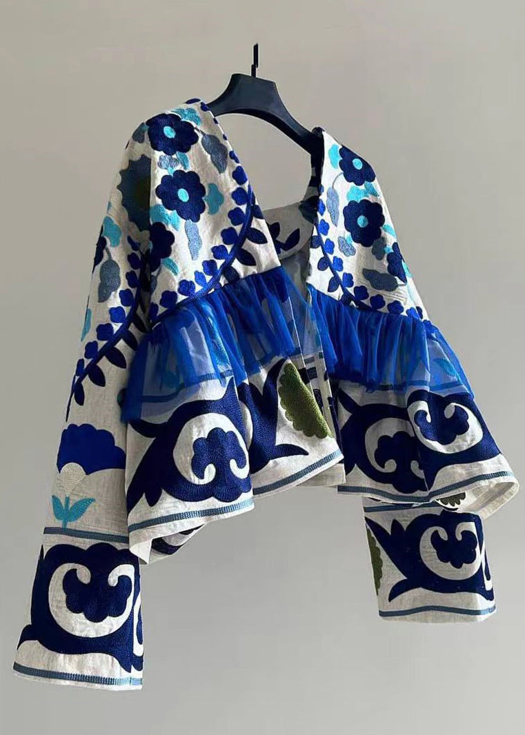 Cardigan Patchwork Blue Cotton Wrinkled Art Print Fall