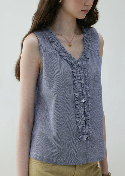 Ruffled Art Blouses Blue On Both Sides Cotton Wear Button