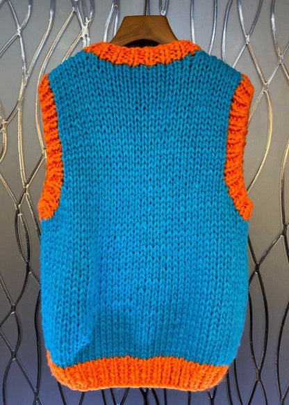 Gilet en tricot de coton patchwork à col en V bleu Art Automne WY019