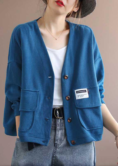 Manteau à manches longues avec poches et col en V bleu Art QS048