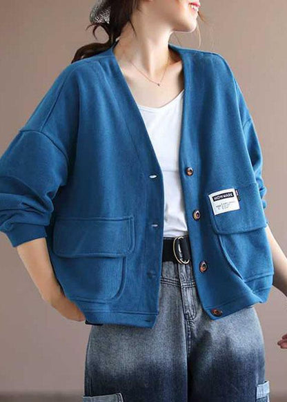 Manteau à manches longues avec poches et col en V bleu Art QS048